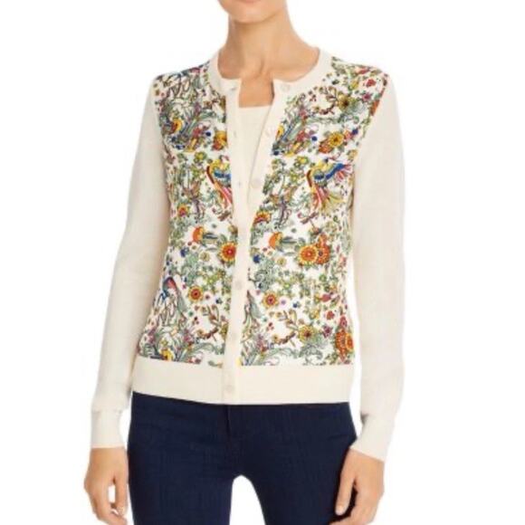 Tory Burch Silk Front Wool Cardigan Sweater Floral Peacock Cream Button-up READ - Picture 5 of 16